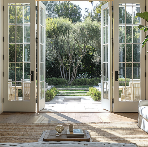 French doors opening onto a landscaped garden